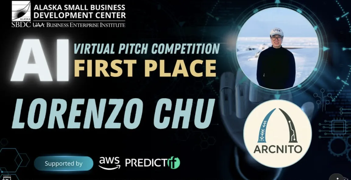 Alaska SBDC AI Virtual Pitch Competition first-place announcement graphic for Arcnito.