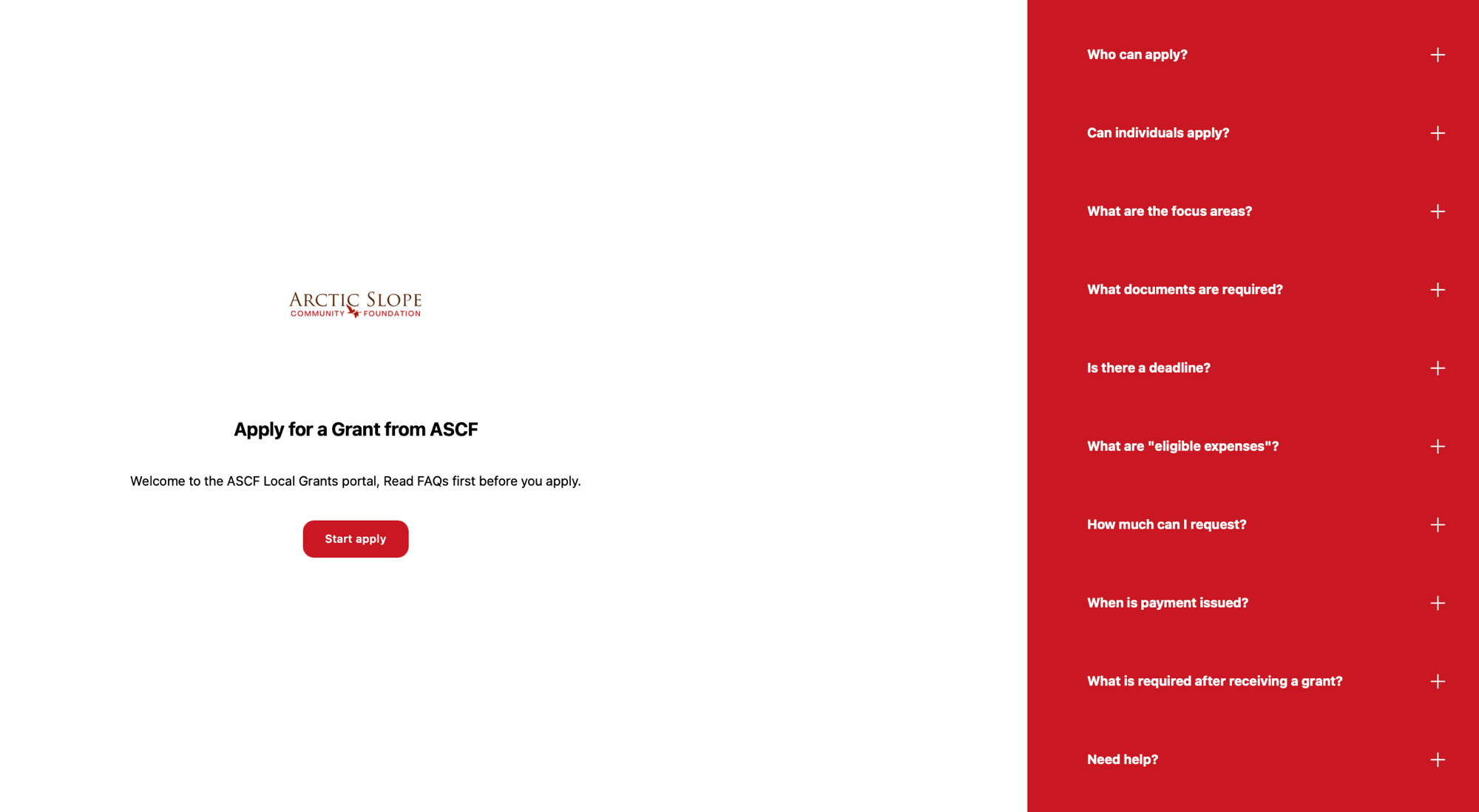 ASCF Local Grants portal — applicant landing page with Start Apply call-to-action and an FAQ side panel covering eligibility, focus areas, required documents, deadlines, eligible expenses, payment, and post-award requirements.