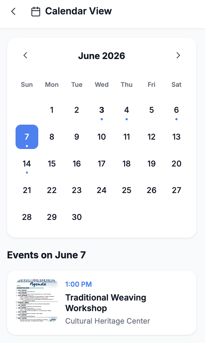 Olen Hub community calendar — a month view with event markers and an events-for-the-day list below.
