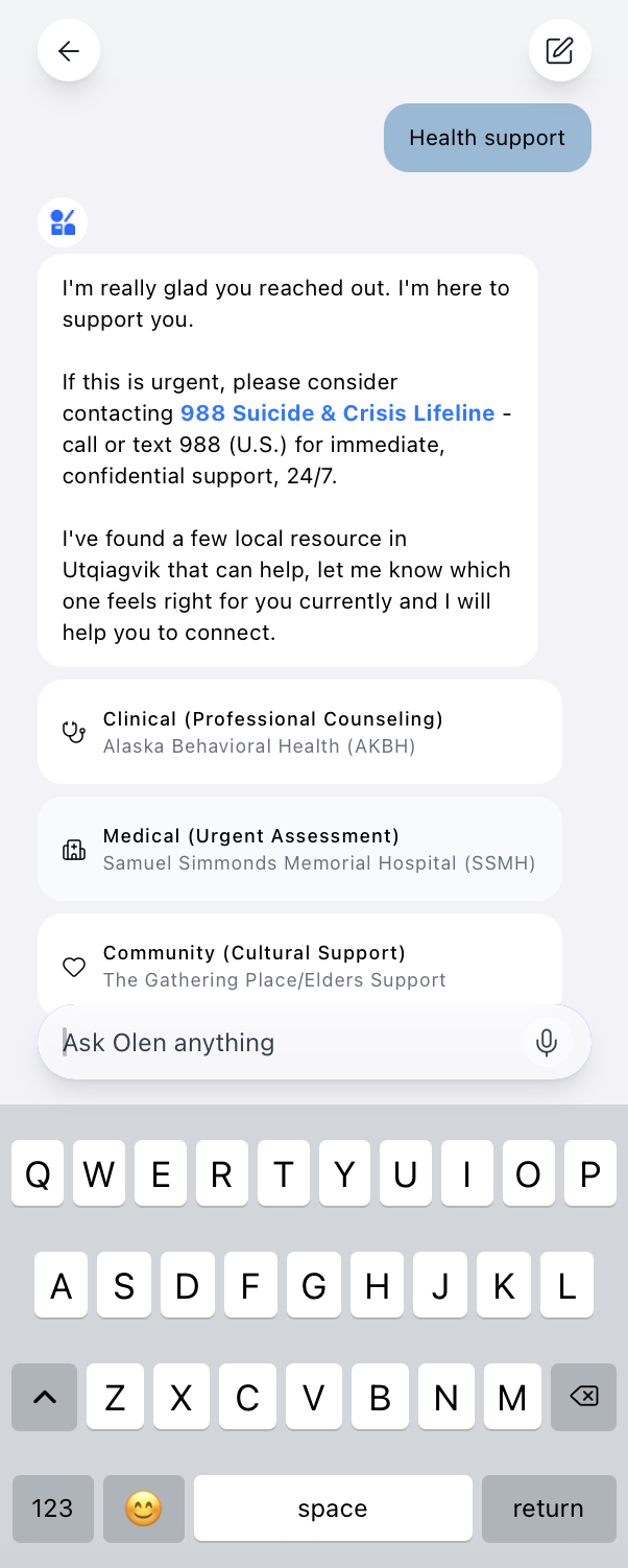 Olen Hub AI navigator chat surfacing local health resources