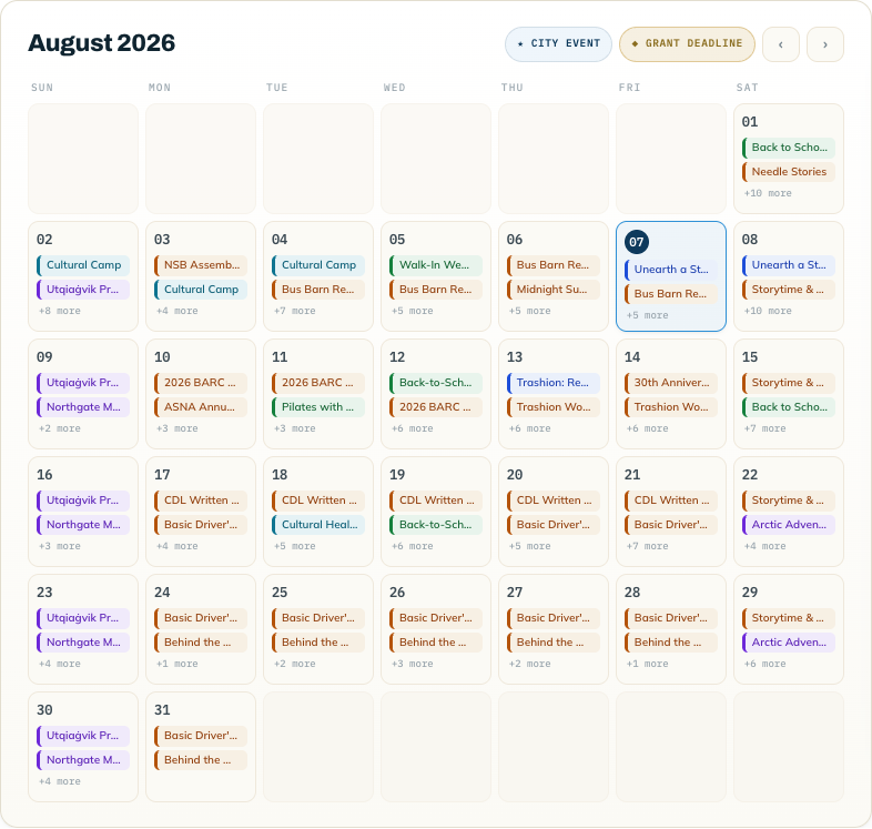 The City of Utqiaġvik community calendar in production — a month view where every day carries events compiled from City, school, Tribal, and community sources, color-coded by category.