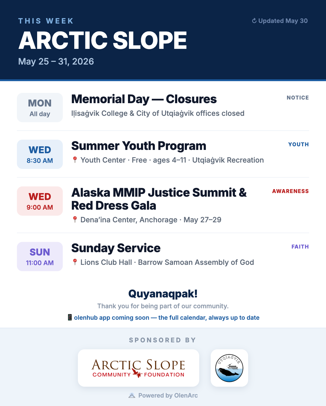 OlenHub Weekly Community Digest — a one-page 'This Week' calendar poster of Arctic Slope community events (sample).